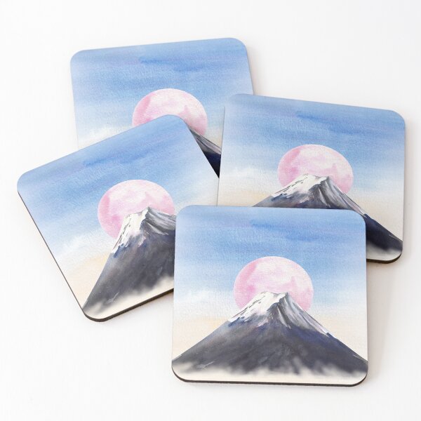 Item preview, Mount Fuji. Watercolor mountain with snow peak and pink moon in blue sky. Watercolor Japan Landmark designed and sold by BartolArt.