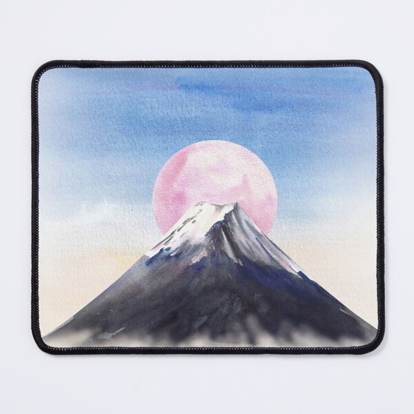 Item preview, Mount Fuji. Watercolor mountain with snow peak and pink moon in blue sky. Watercolor Japan Landmark designed and sold by BartolArt.