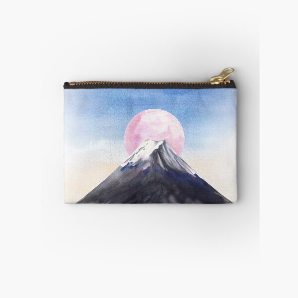 Item preview, Mount Fuji. Watercolor mountain with snow peak and pink moon in blue sky. Watercolor Japan Landmark designed and sold by BartolArt.