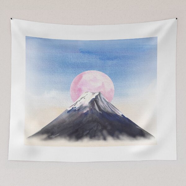 Item preview, Mount Fuji. Watercolor mountain with snow peak and pink moon in blue sky. Watercolor Japan Landmark designed and sold by BartolArt.