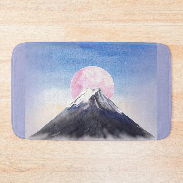 Item preview, Mount Fuji. Watercolor mountain with snow peak and pink moon in blue sky. Watercolor Japan Landmark designed and sold by BartolArt.