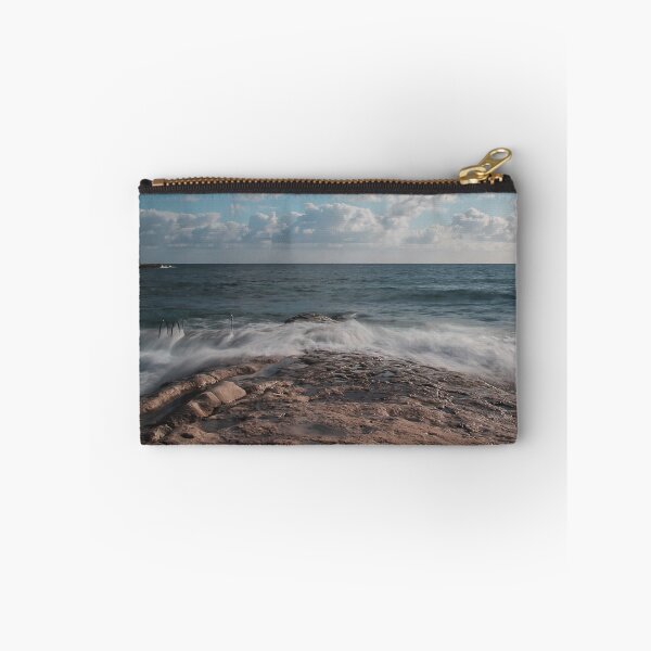 Item preview, Rocky Shore Seascape With Waves Crashing Over Tide Pool and Ocean Horizon Under Clouds designed and sold by Nmallia.