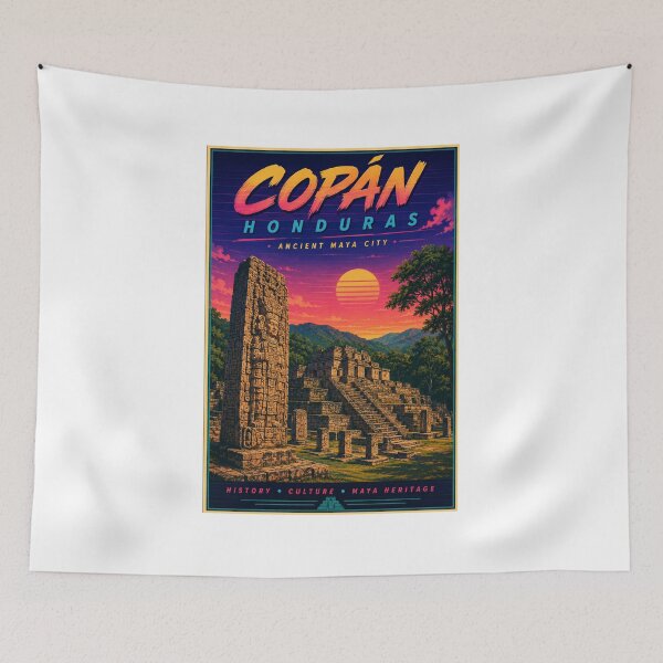 Item preview, Copán Honduras 80s Retro Travel Poster – Ancient Maya City designed and sold by ElartedeNoel.