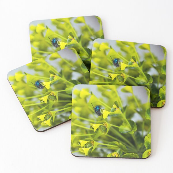Item preview, Blue Bottle Fly on Yellow Green Flowers designed and sold by JackPipes23.