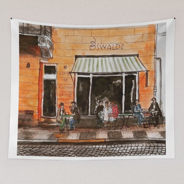 Item preview, Café Oswaldz Dresden Neustadt – Boceto urbano en tinta y acuarela. designed and sold by UMA Urban Sketch.