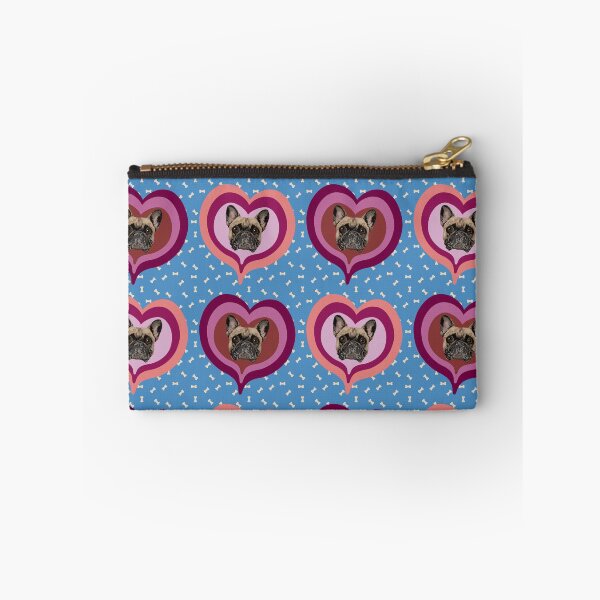 Item preview, Frenchie Obsessed heart pattern on blue dog treats background designed and sold by PCaleDesigns.