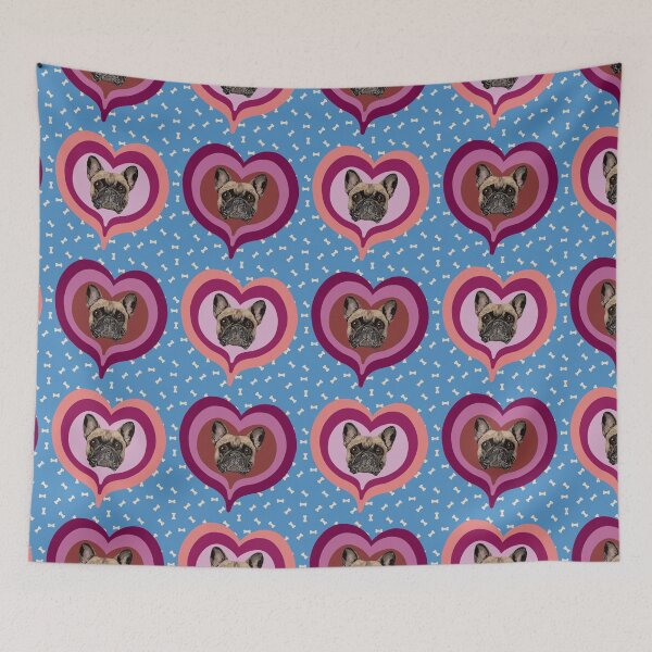 Item preview, Frenchie Obsessed heart pattern on blue dog treats background designed and sold by PCaleDesigns.