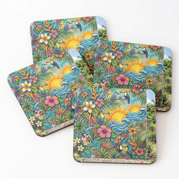 Item preview, VIBRANT TROPICAL GRAFFITI MURAL WITH TOUCANS, MACAWS, EXOTIC FLOWERS AND OCEAN WAVES designed and sold by Curiosiart.