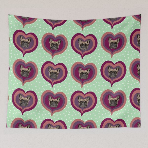 Item preview, Frenchie Obsessed heart pattern on mint green dog treats background designed and sold by PCaleDesigns.
