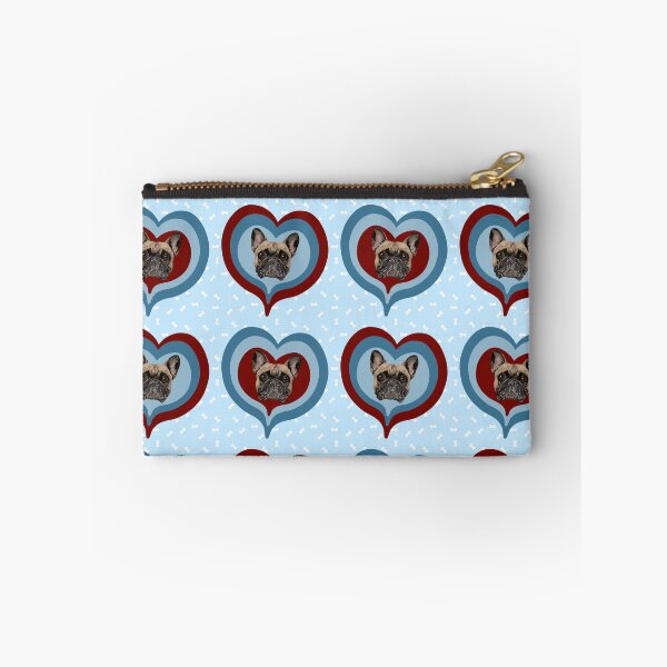 Item preview, Frenchie Obsessed heart pattern on light blue dog treats background designed and sold by PCaleDesigns.