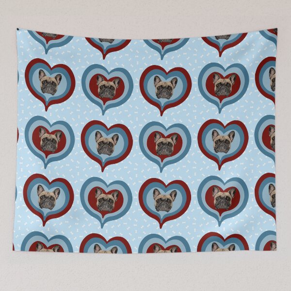 Item preview, Frenchie Obsessed heart pattern on light blue dog treats background designed and sold by PCaleDesigns.