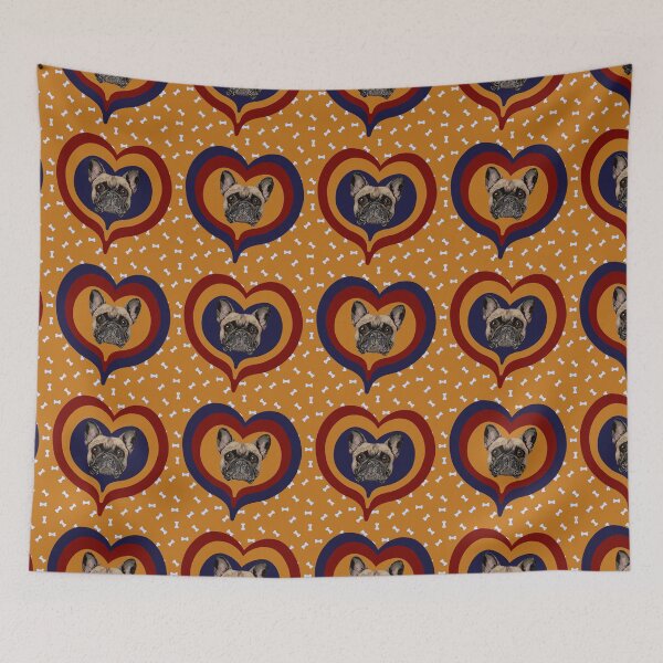 Item preview, Frenchie Obsessed heart pattern on orange dog treats background designed and sold by PCaleDesigns.