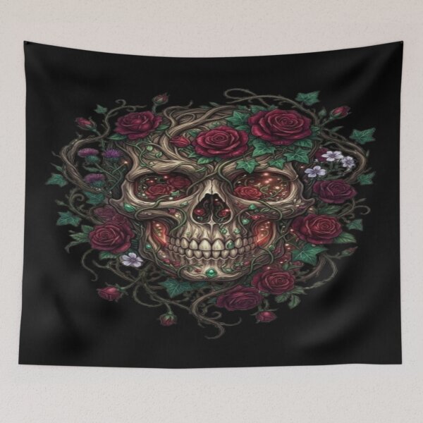Item preview, Ornate Skull Covered in Vines and Red Roses designed and sold by DailySparks.