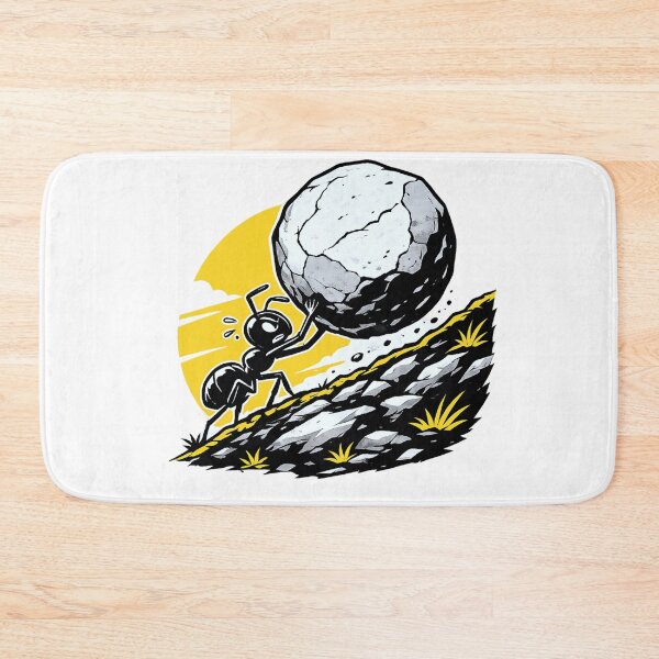 Item preview, Determined Ant Carrying Massive Boulder Up Hill – Bold Graphic Novel Black White Yellow Illustration designed and sold by OnPointOutfits.