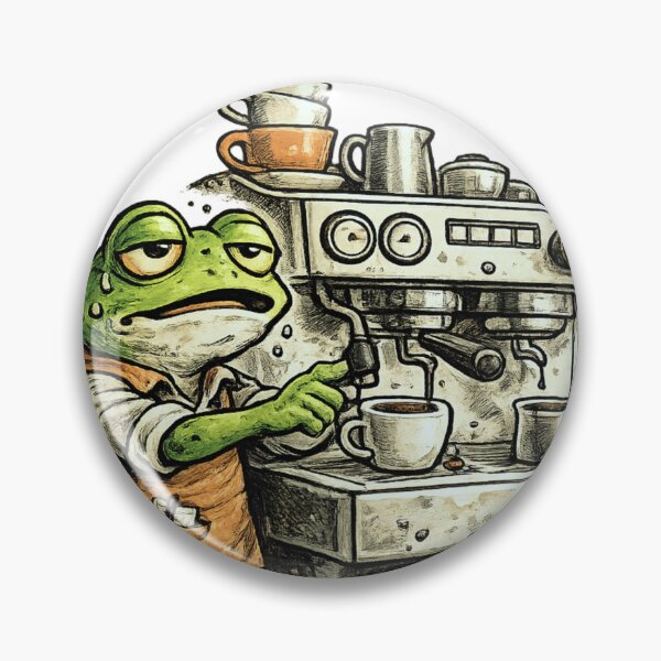 Item preview, Overwhelmed Frog Barista with Espresso Machine – Editorial Cartoon Ink Cross-Hatch Illustration designed and sold by OnPointOutfits.