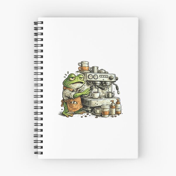 Item preview, Overwhelmed Frog Barista with Espresso Machine – Editorial Cartoon Ink Cross-Hatch Illustration designed and sold by OnPointOutfits.