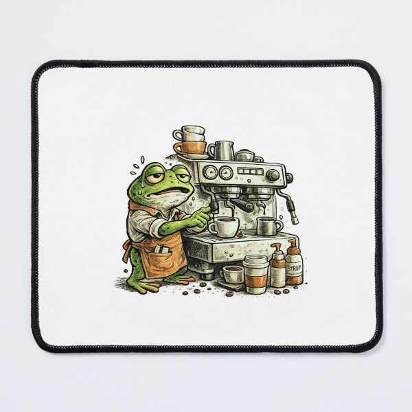 Item preview, Overwhelmed Frog Barista with Espresso Machine – Editorial Cartoon Ink Cross-Hatch Illustration designed and sold by OnPointOutfits.