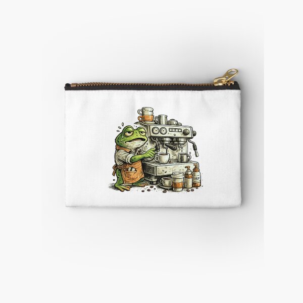 Item preview, Overwhelmed Frog Barista with Espresso Machine – Editorial Cartoon Ink Cross-Hatch Illustration designed and sold by OnPointOutfits.