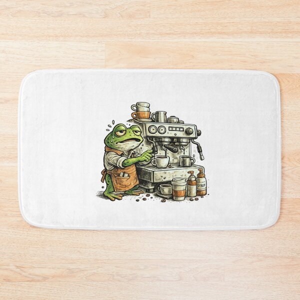 Item preview, Overwhelmed Frog Barista with Espresso Machine – Editorial Cartoon Ink Cross-Hatch Illustration designed and sold by OnPointOutfits.
