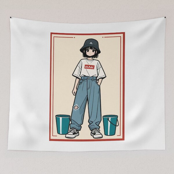 Item preview, Fashion - Man in White Top Bucket Hat Baggy Jeans Streetwear Anime Variant 2 designed and sold by AnimeShin.