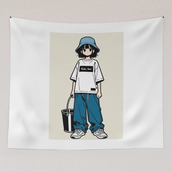 Item preview, Fashion - Man in White Top Bucket Hat Baggy Jeans Streetwear Anime Variant 3 designed and sold by AnimeShin.