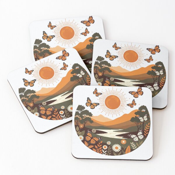 Item preview, Boho Monarch Butterfly Lake Landscape | Retro Sunset Nature Illustration designed and sold by GalleryPeak.