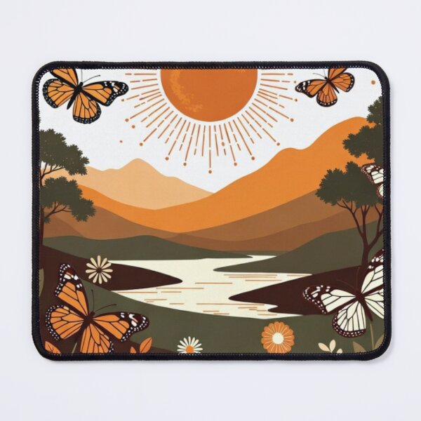 Item preview, Boho Monarch Butterfly Lake Landscape | Retro Sunset Nature Illustration designed and sold by GalleryPeak.