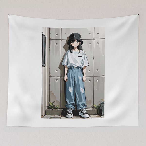 Item preview, Fashion - Man in White Top Bucket Hat Baggy Jeans Streetwear Anime designed and sold by AnimeShin.