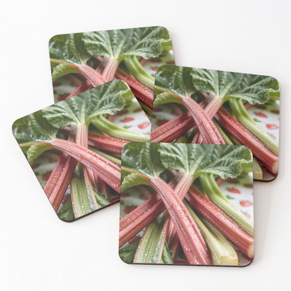 Item preview, Freshly Harvested Rhubarb on Strawberry Tablecloth – Country Kitchen Still Life designed and sold by EmeraldeaArt.