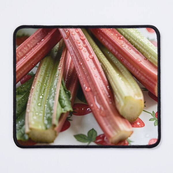 Item preview, Freshly Harvested Rhubarb on Strawberry Tablecloth – Country Kitchen Still Life designed and sold by EmeraldeaArt.