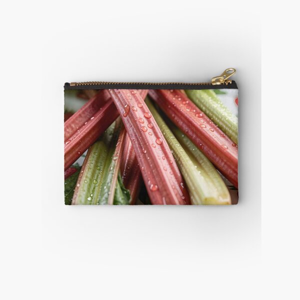 Item preview, Freshly Harvested Rhubarb on Strawberry Tablecloth – Country Kitchen Still Life designed and sold by EmeraldeaArt.