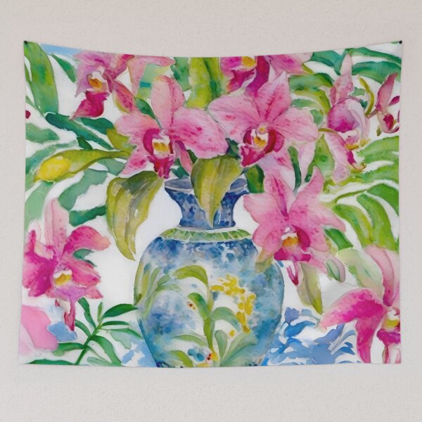 Item preview, Grandmillennial art, Pink orchids in ginger jar designed and sold by SophieClimaArt.