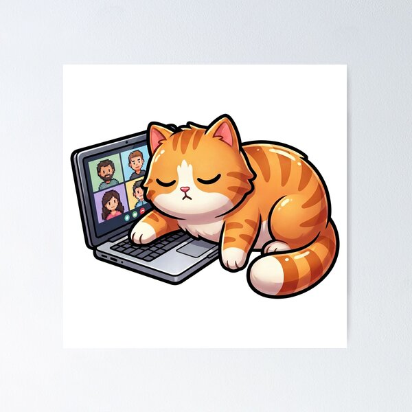 Item preview, Zoned Out Cat Sticker — Retro Office Cat on Video Call, Flat Relatable Design designed and sold by ElhamiStudio.