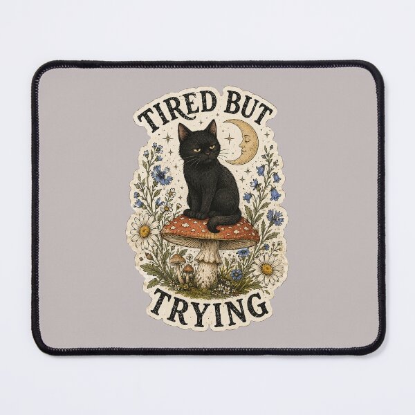 Item preview, Tired But Trying Black Cat Mushroom Cottagecore designed and sold by oldpussboss.