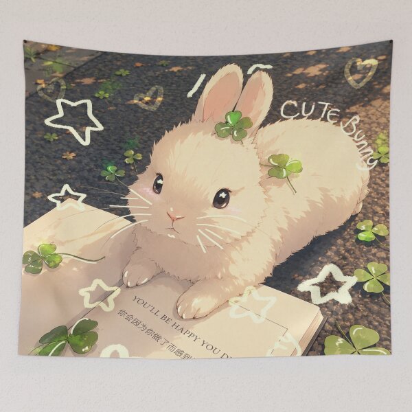 Item preview, Cute Anime Bunny with Lucky Clovers | Cottagecore Aesthetic designed and sold by Sianheszartt.