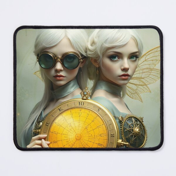 Item preview, Zodiac Sign - Gemini as Steampunk Fantasy Portrait Of Twin Fairies Holding A Golden Clock And Vintage Compass designed and sold by LisaMise.