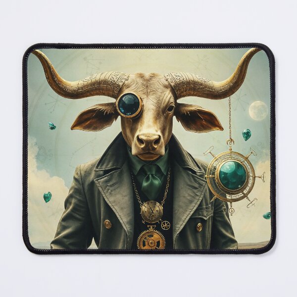 Item preview, Zodiac Sign - Taurus as Steampunk Fantasy Portrait of a Bull Gentleman With Mechanical Pocket Watch and Emerald Eye in Surreal Landscape designed and sold by LisaMise.