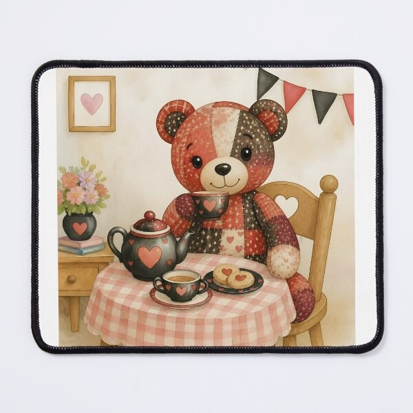 Item preview, Adorable Red and Black Patchwork Bear Tea Party designed and sold by Shelley Loewnau-Jones Studio.