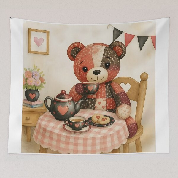 Item preview, Adorable Red and Black Patchwork Bear Tea Party designed and sold by Shelley Loewnau-Jones Studio.