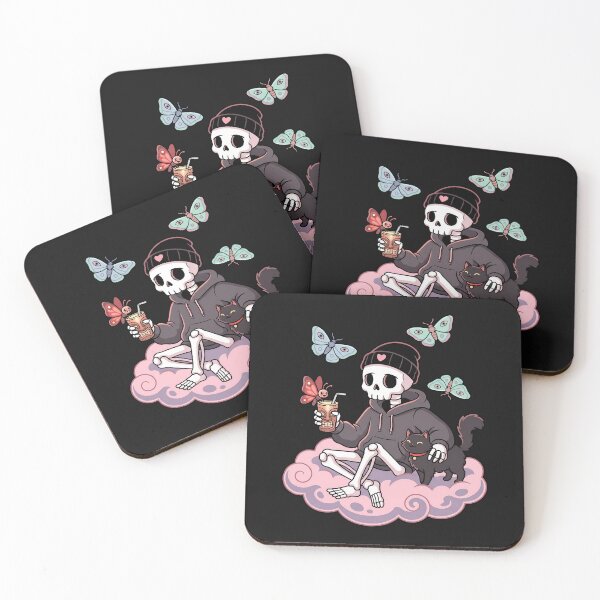 Item preview, Skeleton Wearing Beanie And Hoodie Sitting On Pink Cloud With Black Cat designed and sold by MisteryDesigner.