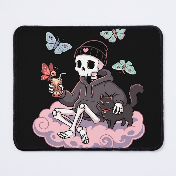 Item preview, Skeleton Wearing Beanie And Hoodie Sitting On Pink Cloud With Black Cat designed and sold by MisteryDesigner.