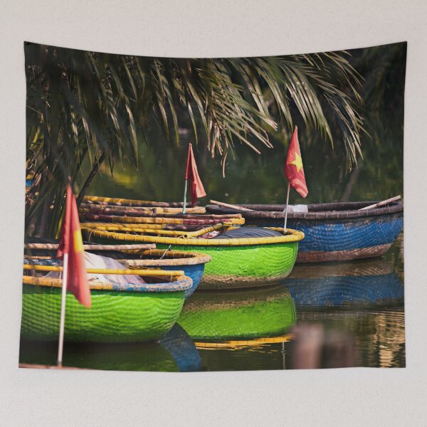 Item preview, Colorful round boats on a peaceful river designed and sold by franck380.