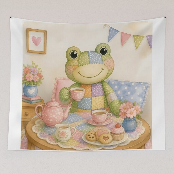 Item preview, Green Patchwork Frog Tea Party designed and sold by Shelley Loewnau-Jones Studio.