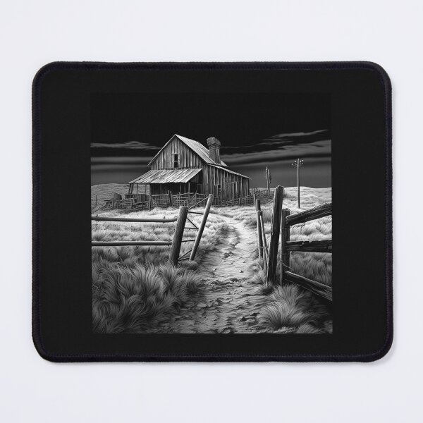 Item preview, Black and White Abandoned Farmhouse Landscape Art designed and sold by inkoutninja.