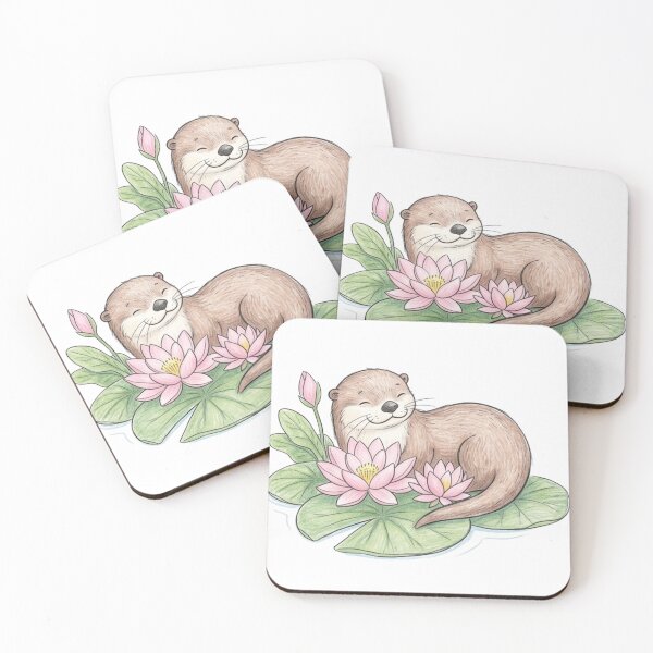 Item preview, Cute Sea Otter Floating on Lotus Water Lily Pad Illustration designed and sold by TaiwanMemory.