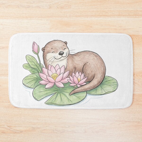 Item preview, Cute Sea Otter Floating on Lotus Water Lily Pad Illustration designed and sold by TaiwanMemory.