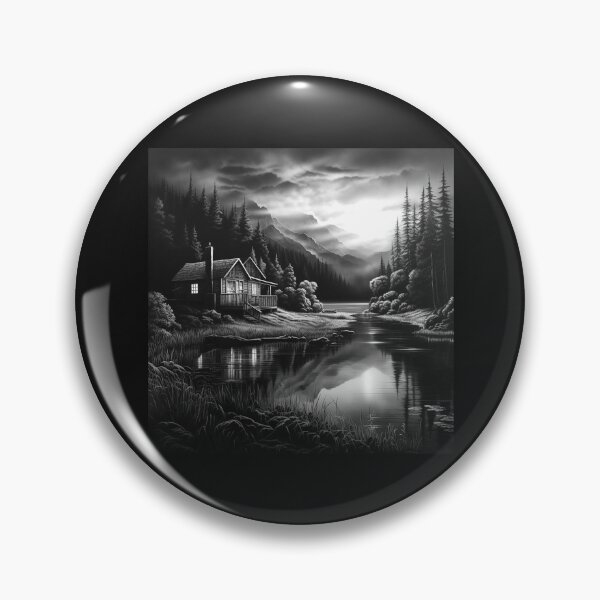 Item preview, Black and White Cabin Lake Mountain Landscape designed and sold by inkoutninja.