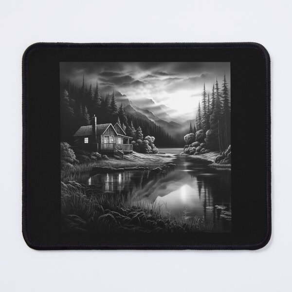 Item preview, Black and White Cabin Lake Mountain Landscape designed and sold by inkoutninja.