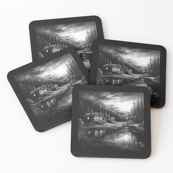 Item preview, Black and White Cabin Lake Mountain Landscape designed and sold by inkoutninja.
