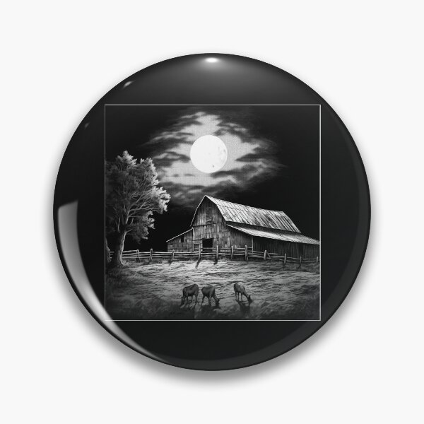 Item preview, Black and White Moonlit Barn Farm Landscape designed and sold by inkoutninja.